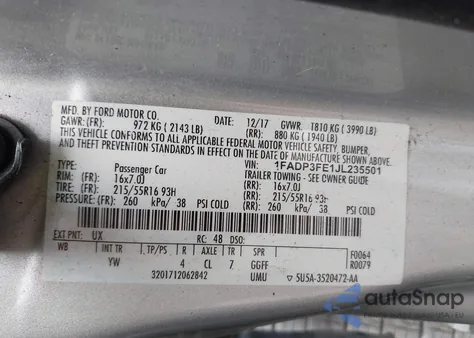 2018 Ford Focus Se z USA, uszkodzony, nr VIN 1FADP3FE1JL235501
